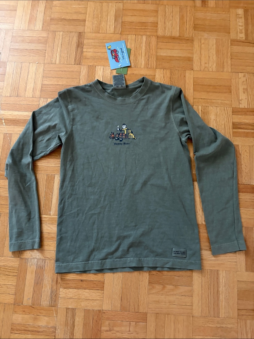 Life is good Olive Green Long Sleeve Tee with Cute Dog Graphic